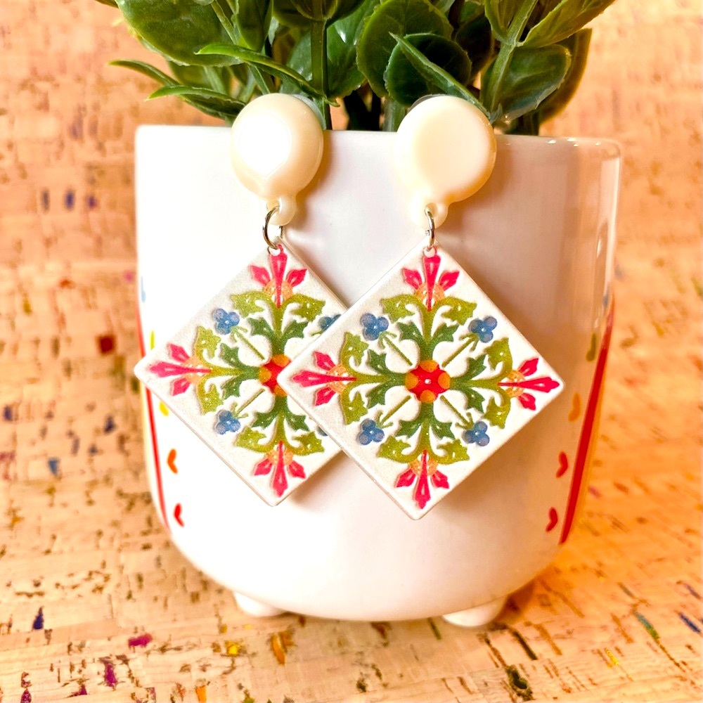 Folk Art Pendant Stained Glass Look Earrings